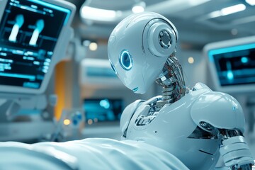 Fototapete - Advanced robotic healthcare assistant monitors patient in a futuristic hospital environment with high-tech equipment