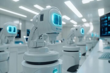 Poster - Advanced robotic machines working efficiently in a futuristic laboratory setting