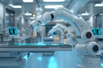 Fototapete - Advanced robotic arm performing precision tasks in a modern laboratory setting with blue lighting