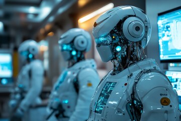 Aufkleber - Advanced humanoid robots showcase cutting-edge technology in a futuristic lab setting during daytime