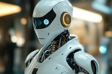 Fototapete - Futuristic humanoid robot with advanced technology features in a modern urban setting