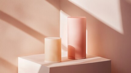 Poster - Three Glossy Pink Cylindrical Containers Arranged on a Pastel Pink Background Create a Playful and Modern Aesthetic in a Minimalist Setting