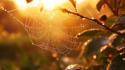 A beautiful spiders web is glistening with golden sunlight and dew drops