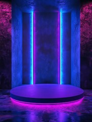 Poster - Vibrant Neon Archway With Glowing Lights and Reflective Floor in a Darkened Space, Creating a Captivating Atmosphere for Art or Events