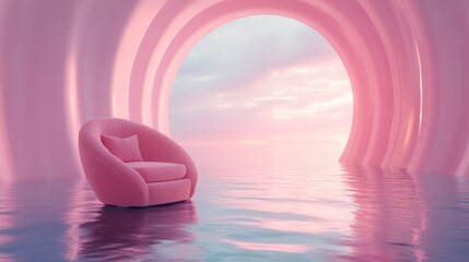 Poster - Modern Pink Chair in a Minimalist Interior With Soft Lighting and Textured Walls in a Contemporary Setting