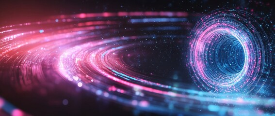 Fototapete - Spinning blue and pink light in a digital tunnel full of data cables and fiber optics creating a vibrant abstract atmosphere