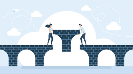 A couple of man and woman is finishing to build a bridge putting the piece. Relationship Gap, Negotiation and Agreement. Building relationship. Connect the two sides of the bridge. Vector illustration