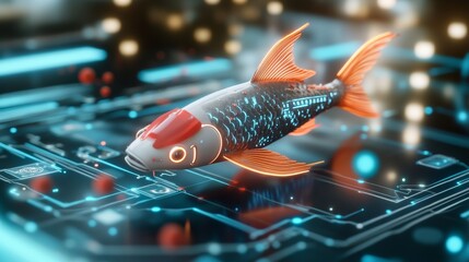 Poster - Digital koi fish swimming through a futuristic circuit board virtual environment 3d animation technology concept high-tech view
