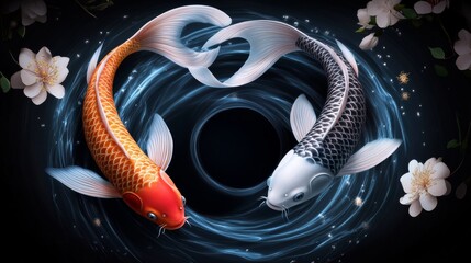 Poster - Dynamic koi fish dance in a serene black waterscape illustrative artwork tranquil atmosphere artistic perspective symbolizing harmony and balance