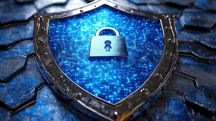 Fototapete - Illustration of a blue cyber shield with encryption symbols and digital locks securing data