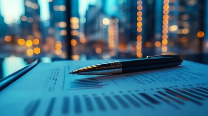 Poster - elegant business pen on financial report documents cityscape background professional corporate succe