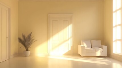 Poster - Bright Yellow Interior Design Featuring Minimalist Furniture and Natural Accents in a Sunlit Room at Midday
