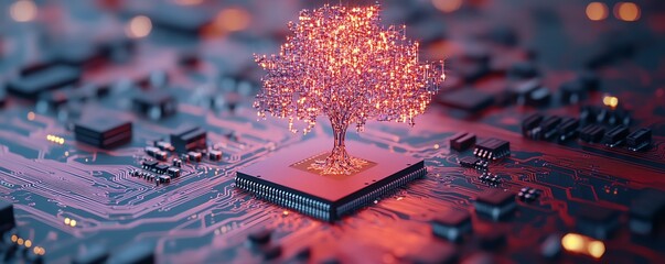 Aufkleber - Illustration of a neon glowing tree growing from a microchip on an electronic circuit board, symbolizing artificial intelligence, futuristic technology, and computing networks