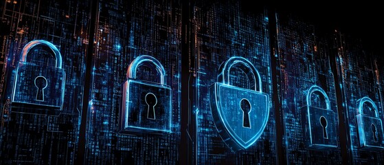 Fototapete - Illustration of encryption symbols and digital locks securing data, with a blue cyber shield protecting against the dark web, symbolizing technology and online network safety