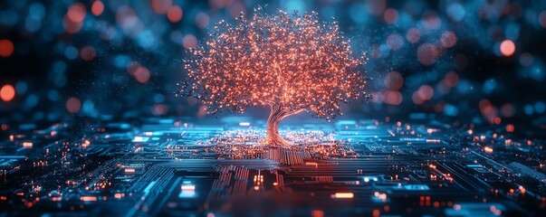 Poster - Stunning concept of a neon glowing tree emerging from a microchip on an electronic circuit board