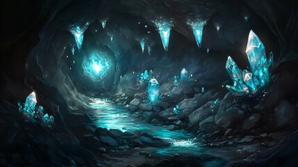 Poster - mystical cosmic scene, vibrant teal and blue glowing elements, ethereal atmosphere, perfect for sci-