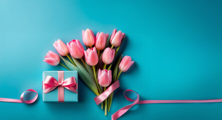 Poster - A charming spring scene with a bouquet of pink tulips, a wrapped gift adorned with a bow, and a decorative egg placed on a vibrant blue backdrop. Perfect for gifting and celebrations.