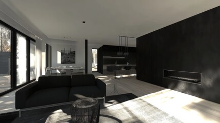 Poster - Modern Interior of a Minimalist Living Room Featuring Large Windows and Black Accents During Daylight Hours