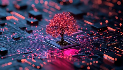 Aufkleber - Creative illustration of a neon tree glowing on a microchip circuit board
