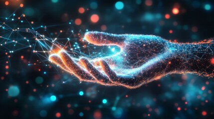 Poster - Futuristic hand reaching out to digital connections virtual space abstract art cyber environment close-up perspective innovation concept