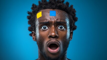 Wall Mural - Man with a blue and yellow sticker on his forehead. He has a surprised look on his face