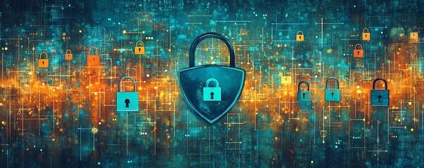 Fototapete - Digital artwork of encryption symbols and a padlock representing secure data
