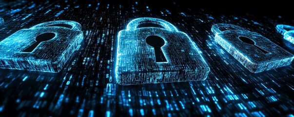 Poster - Concept art of encryption symbols and a digital lock, with a blue cyber shield protecting data from dark web threats, representing technology, security, and network safety online