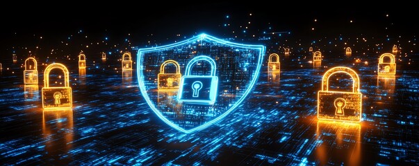 Fototapete - Digital illustration of encryption symbols, padlock, and a blue cyber shield protecting data from the dark web, symbolizing technology, online network safety, and secure systems