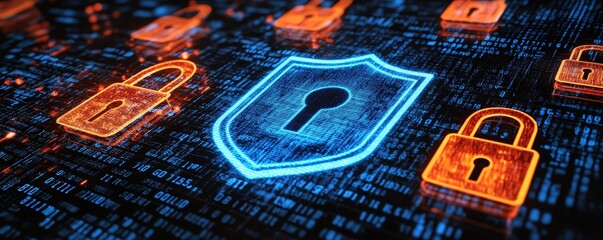 Poster - Digital illustration of encryption symbols, padlock, and a blue cyber shield protecting data from the dark web, symbolizing technology, online network safety, and secure systems