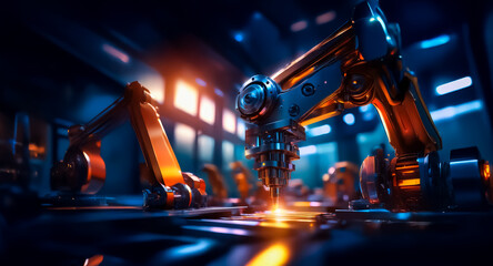 Aufkleber - A metallic robotic arm operates in a futuristic, dimly lit factory.  Orange and blue lights illuminate the automated machinery in an industrial setting.