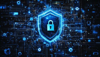 Poster - Futuristic illustration of encryption symbols and digital locks securing data, with a blue cyber shield guarding against the dark web and symbolizing technology and online safety