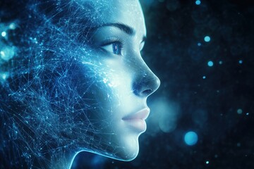 Poster - Digital representation of a woman's face with glowing network connections and light effects