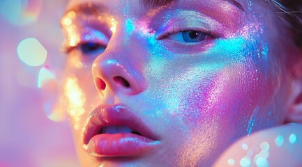 Poster - beautiful girl of model appearance with shining and iridescent skin with vibrating colors. Fashion and glamour concept.