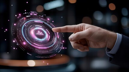 Poster - Interactive holographic interface demonstrating data analysis trends in a modern office space digital content futuristic environment close-up perspective for enhanced engagement