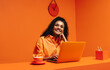 © Jacob Lund - Female working from home on laptop, smiling in monochromatic minimalist office setup