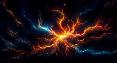 Leinwandbilder - Abstract image of swirling cosmic energy with vibrant orange and blue hues against a dark backdrop, resembling a nebula or space phenomena.