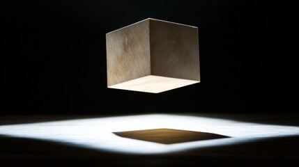 Poster - A perfect cube floating in a dark background, reflecting light off its smooth surfaces, highlighting the sharp lines and edges.