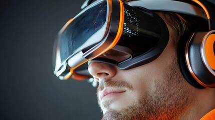 Poster - Man Wearing Modern Virtual Reality Headset Headphones Innovative Technology Futuristic Experience Digital World Immersive Gaming Advanced Device High 