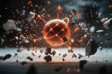 Poster - unique depiction of a glowing particle surrounded by floating debris in an otherworldly environment