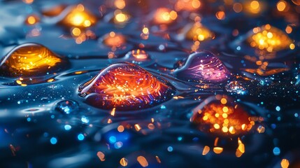 Poster - Vibrant colorful bubbles floating in a dark liquid artistic photography underwater scene macro view abstract visualization