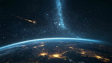 Wall Mural - meteor falling toward earth with city lights visible at night. space view of planet atmosphere with 