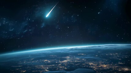 Wall Mural - bright meteor streaking across starry night sky above earth horizon with glowing city lights. space 
