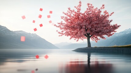 Poster - Tree with pink leaves is in front of a body of water. The water is calm and the tree is surrounded by mountains. The scene is peaceful and serene