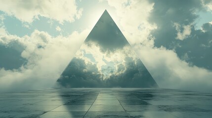 Leinwandbilder - A large, transparent triangle slicing through a cloudy sky, casting geometric shadows on the ground beneath.