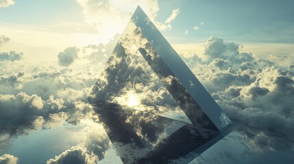 Leinwandbilder - A large, transparent triangle slicing through a cloudy sky, casting geometric shadows on the ground beneath.