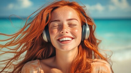 Wall Mural - Woman with red hair is smiling and wearing headphones. She is enjoying the beach and the ocean