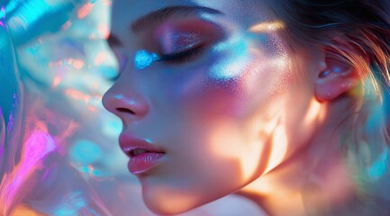 Poster - beautiful girl of model appearance with shining and iridescent skin with vibrating colors. Fashion and glamour concept.