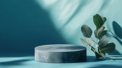 Poster - Elegant Display Featuring a Round Pedestal and Eucalyptus Leaves Against a Soft Blue Background Creating Calm Aesthetic Vibes