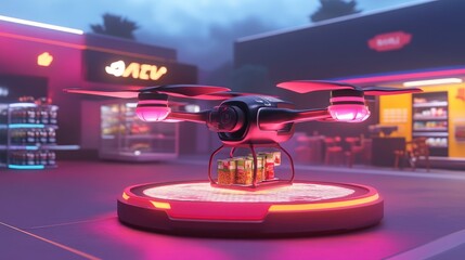 Poster - AI-driven food delivery drone docking onto a futuristic landing pad with groceries
