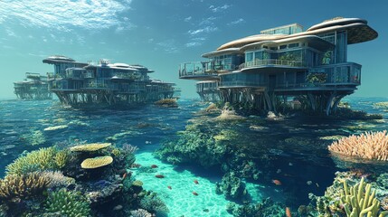 Poster - a marine biology research station where scientists study coral reef ecosystems and their response to